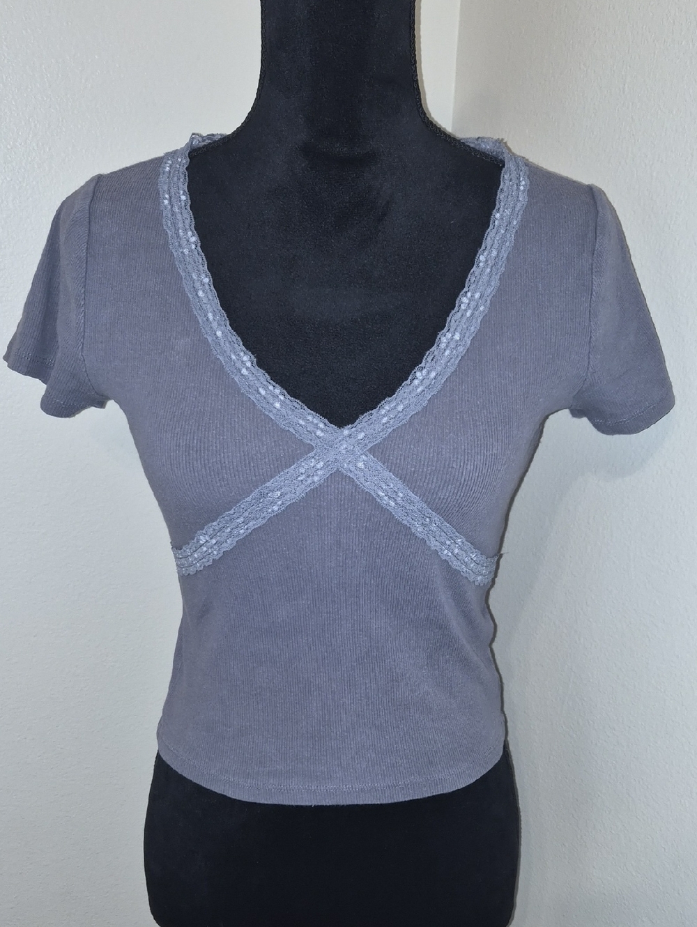 Hollister Gray Lace-Trim V-Neck Crop Top